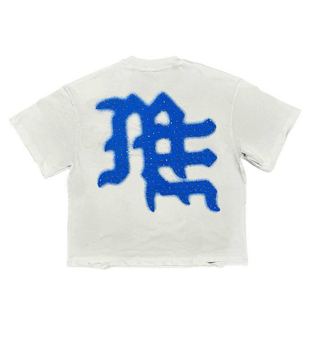 Mixed Emotions End Rhinestone Tee White/Blue